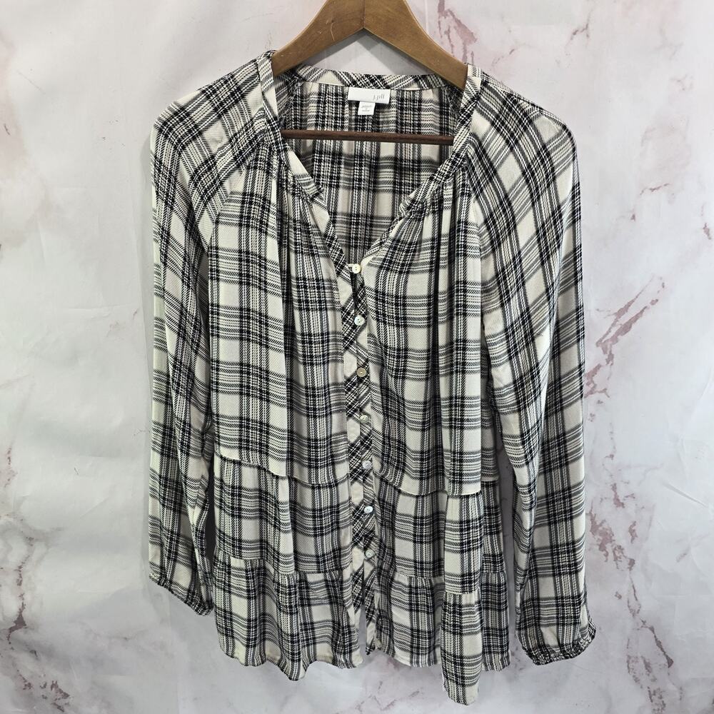 J Jill Shirt Womens Small P White Black Plaid Long Sleeve Button Up Blouse Notch